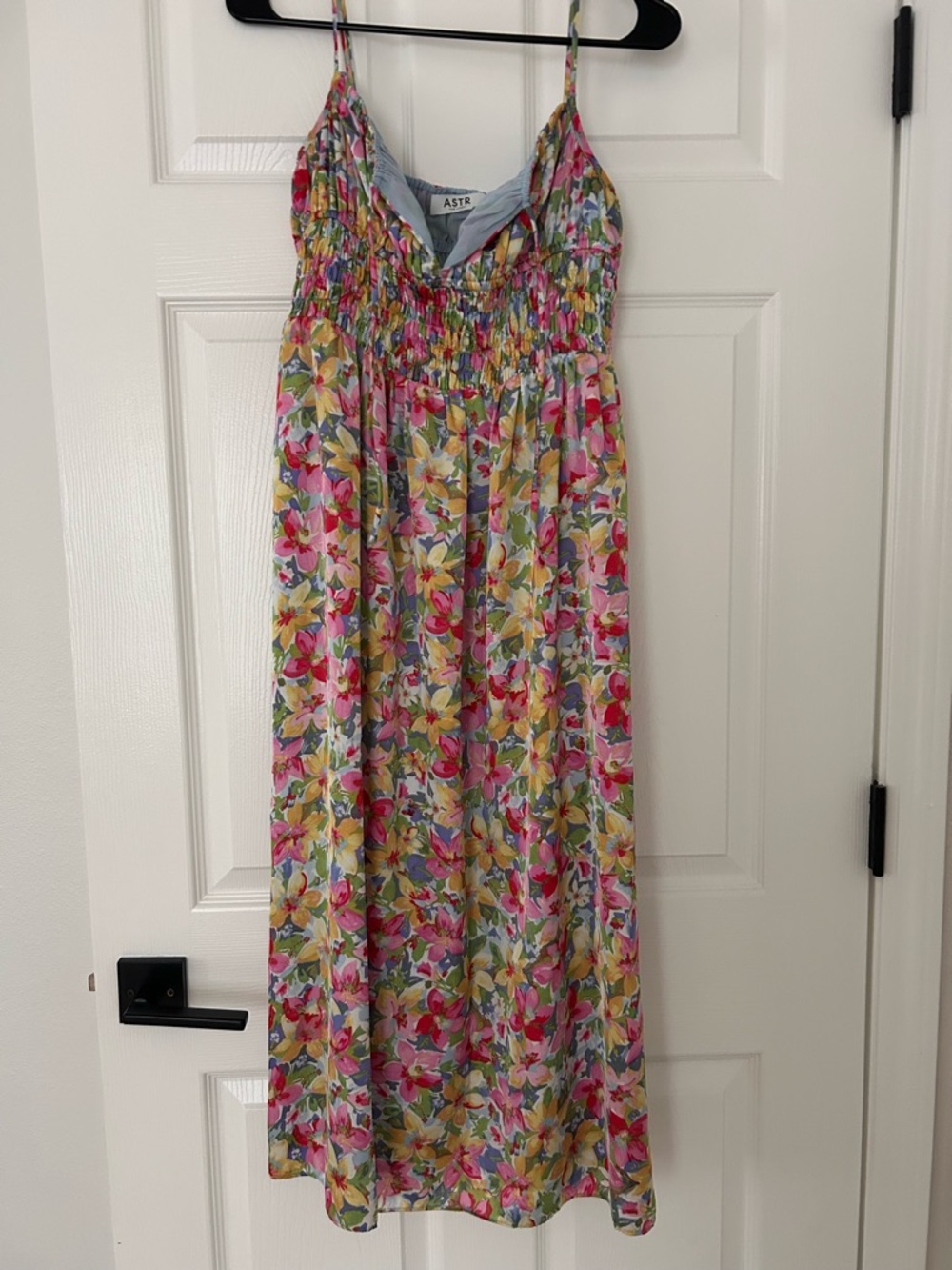 ASTR The Label Floral Smocked Midi Dress in Pink, Yellow & Blue